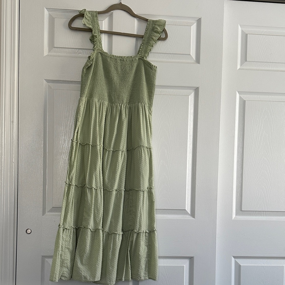 J. Crew Sage Green Smocked Dress with Ruffle Straps